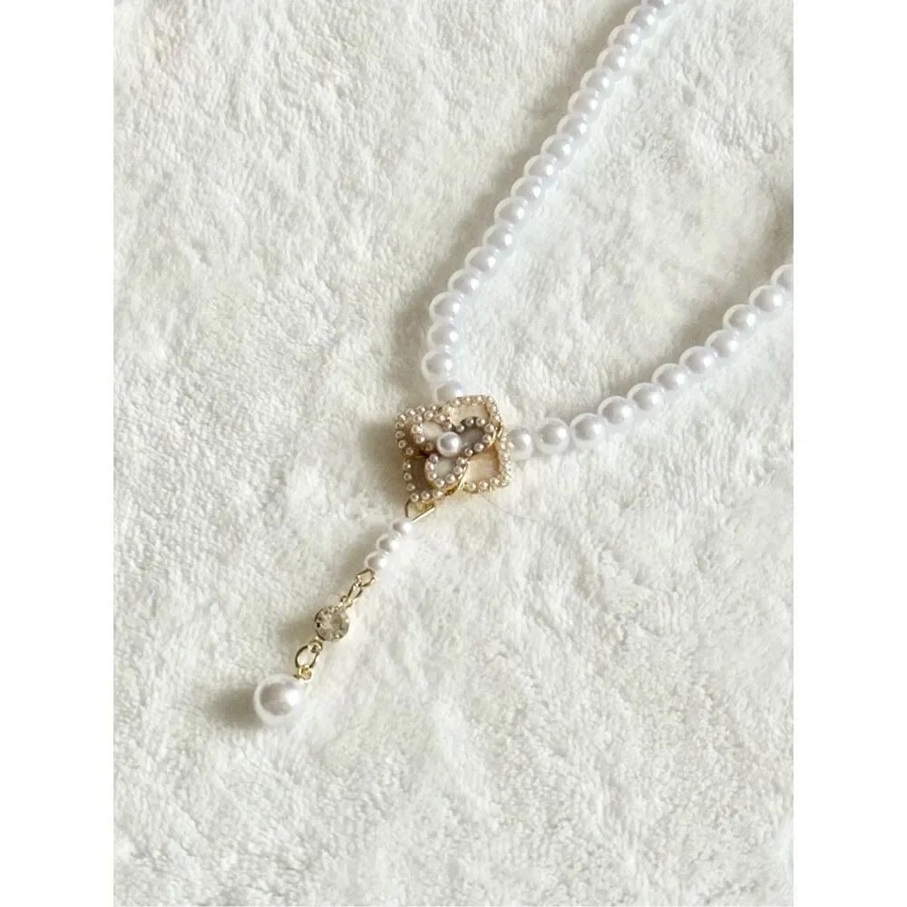 Faux pearl and cream rose statement necklace